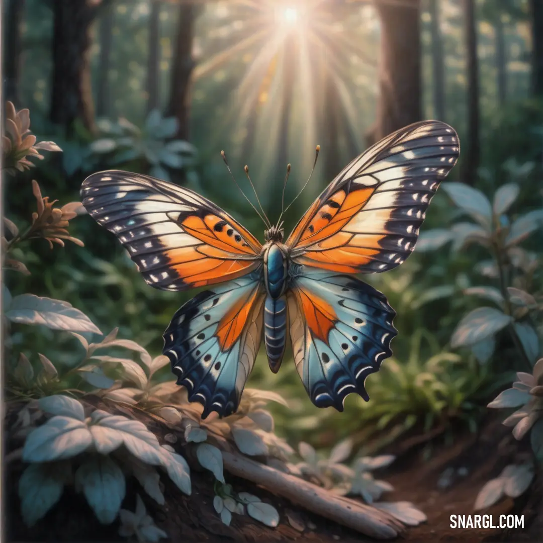 Butterfly with orange and blue wings flying over a forest filled with trees and plants and sunlight shining through the leaves