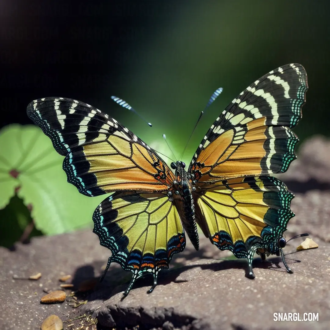 Butterfly with yellow wings on a rock with leaves around it and a green leaf in the background