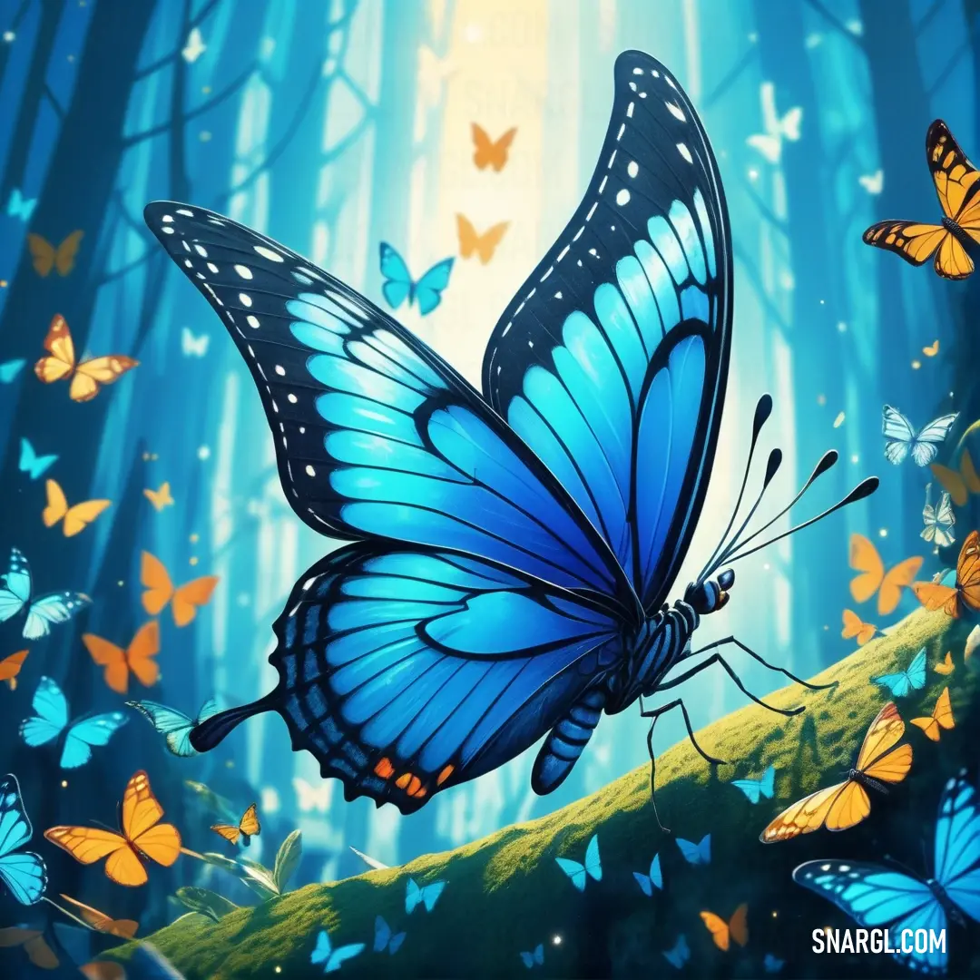 Painting of a blue butterfly flying in the air over a forest with lots of butterflies flying around it