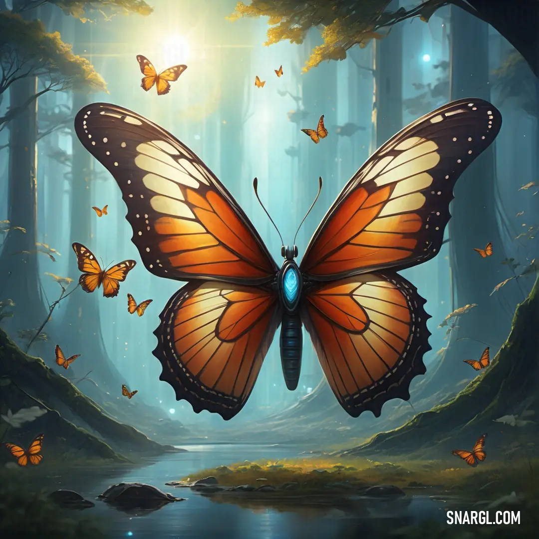 Painting of a butterfly flying over a forest with a stream of water and lots of butterflies flying around