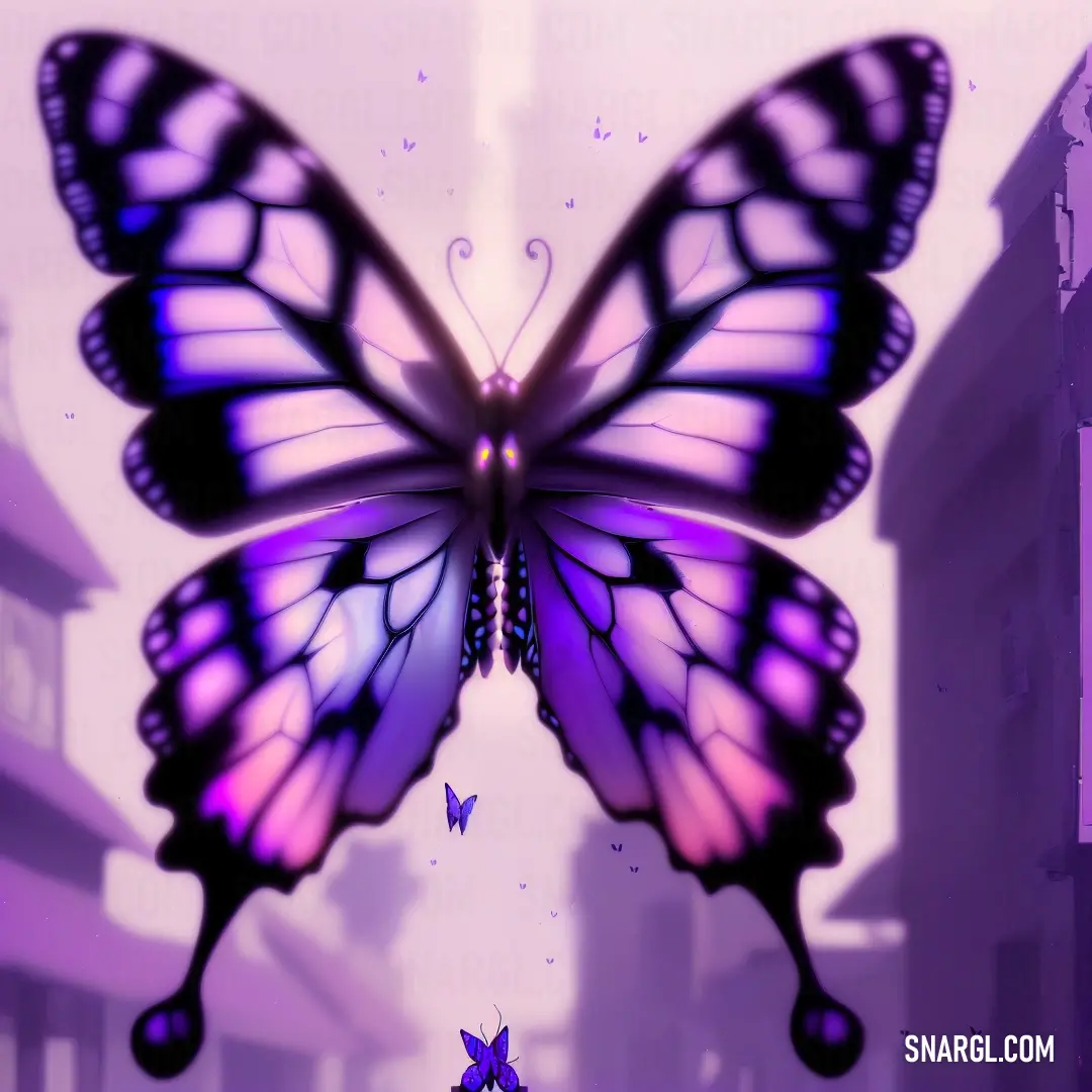 Purple butterfly flying over a city with buildings in the background