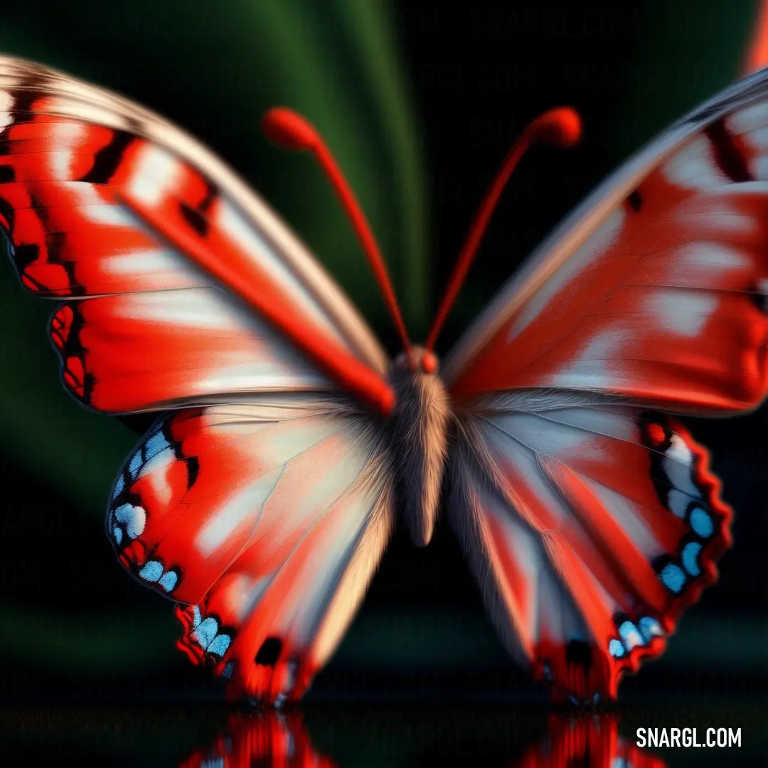 Red butterfly with white and blue wings on a black surface with a green background