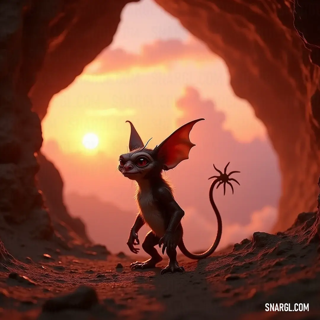 Buzz, with its elongated tail, peacefully encounters a spider emerging from the depths of a cave, illuminated by a magical sunset glow. In a dim cave filled with mystery, Buzz stands proudly with its long tail, quite curious about a tiny spider that bravely ventures out into the fading light of the sunset, casting an ethereal glow around them both.