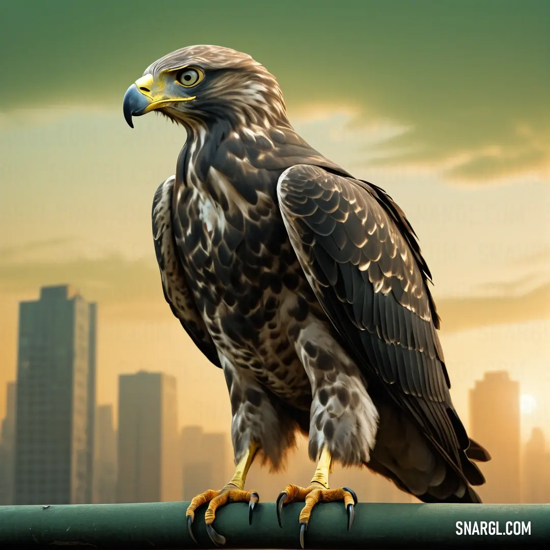 Buzzard of prey perched on a metal bar in front of a city skyline with skyscrapers in the background