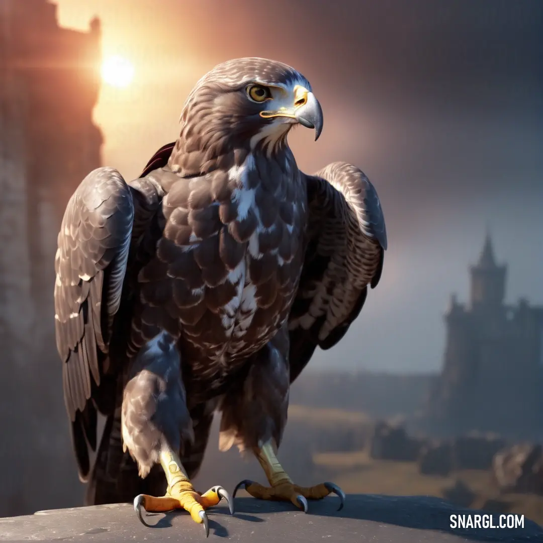 Buzzard of prey standing on a rock with a castle in the background