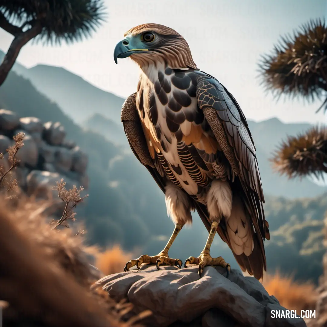 Buzzard on a rock in a desert area with mountains in the background