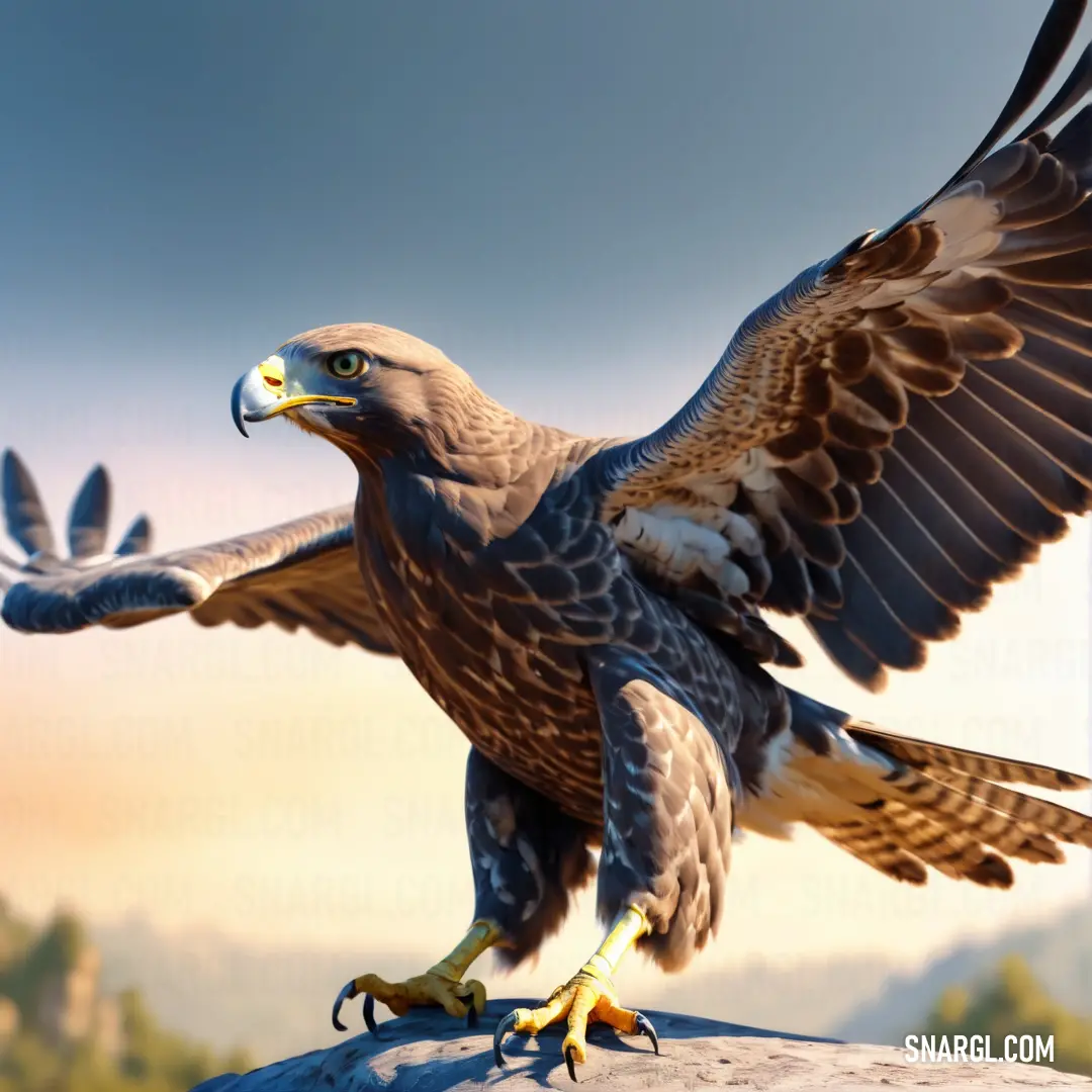 Buzzard with a large wingspan is standing on a rock with its wings spread out and outstretched