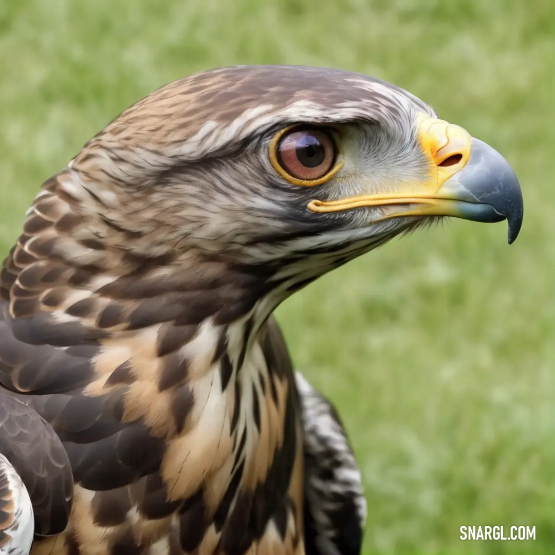 Close up of a Buzzard of prey on a grass field with a blurry background