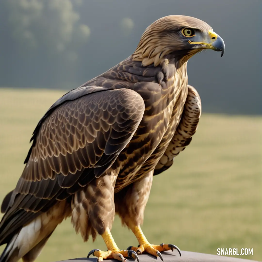 Large Buzzard of prey on top of a car hood in a field of grass and trees in the background