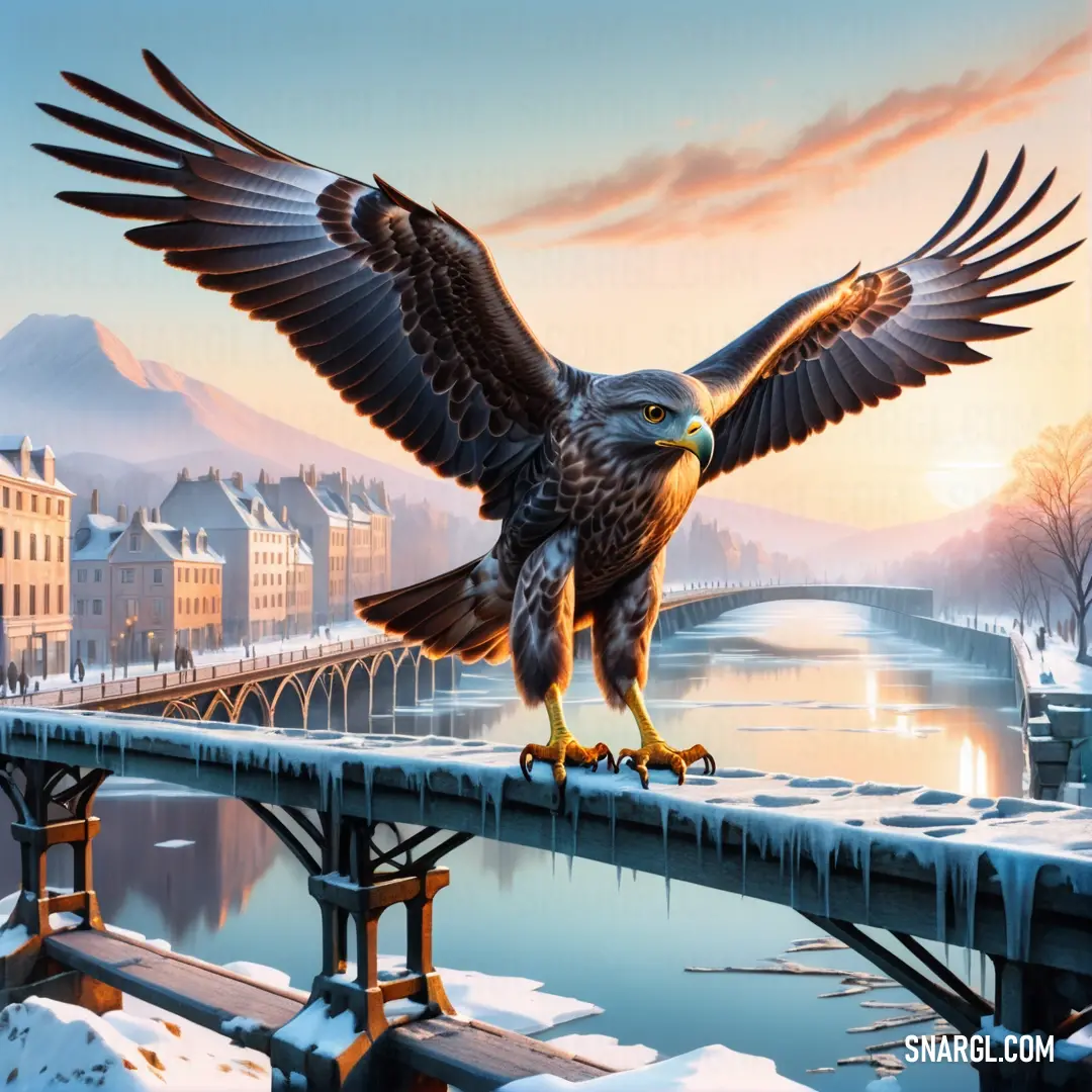 Painting of a Buzzard on a bridge with a snowy landscape in the background