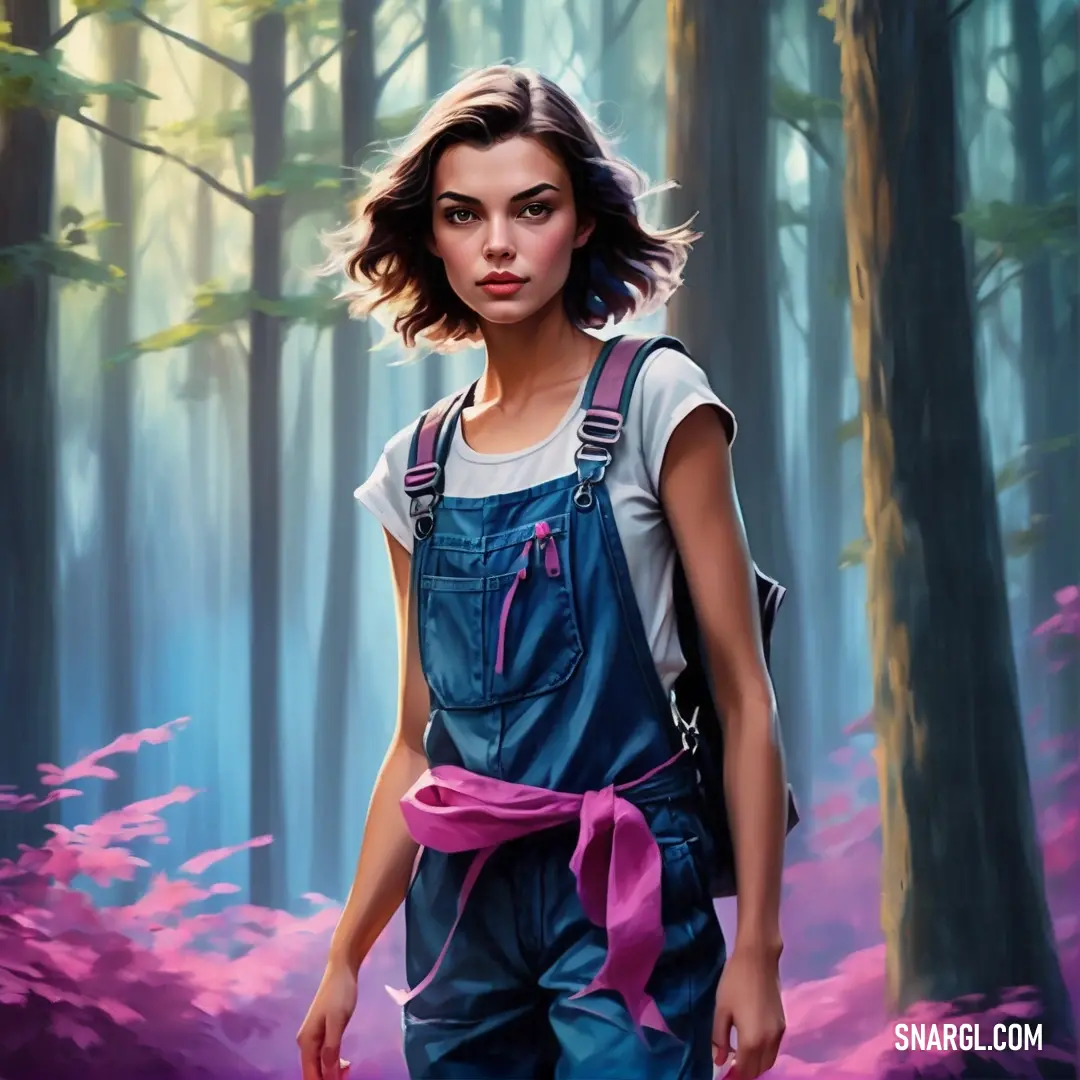 Painting of a girl in a forest with a pink ribbon around her neck and a backpack on her back. Color RGB 189,51,164.