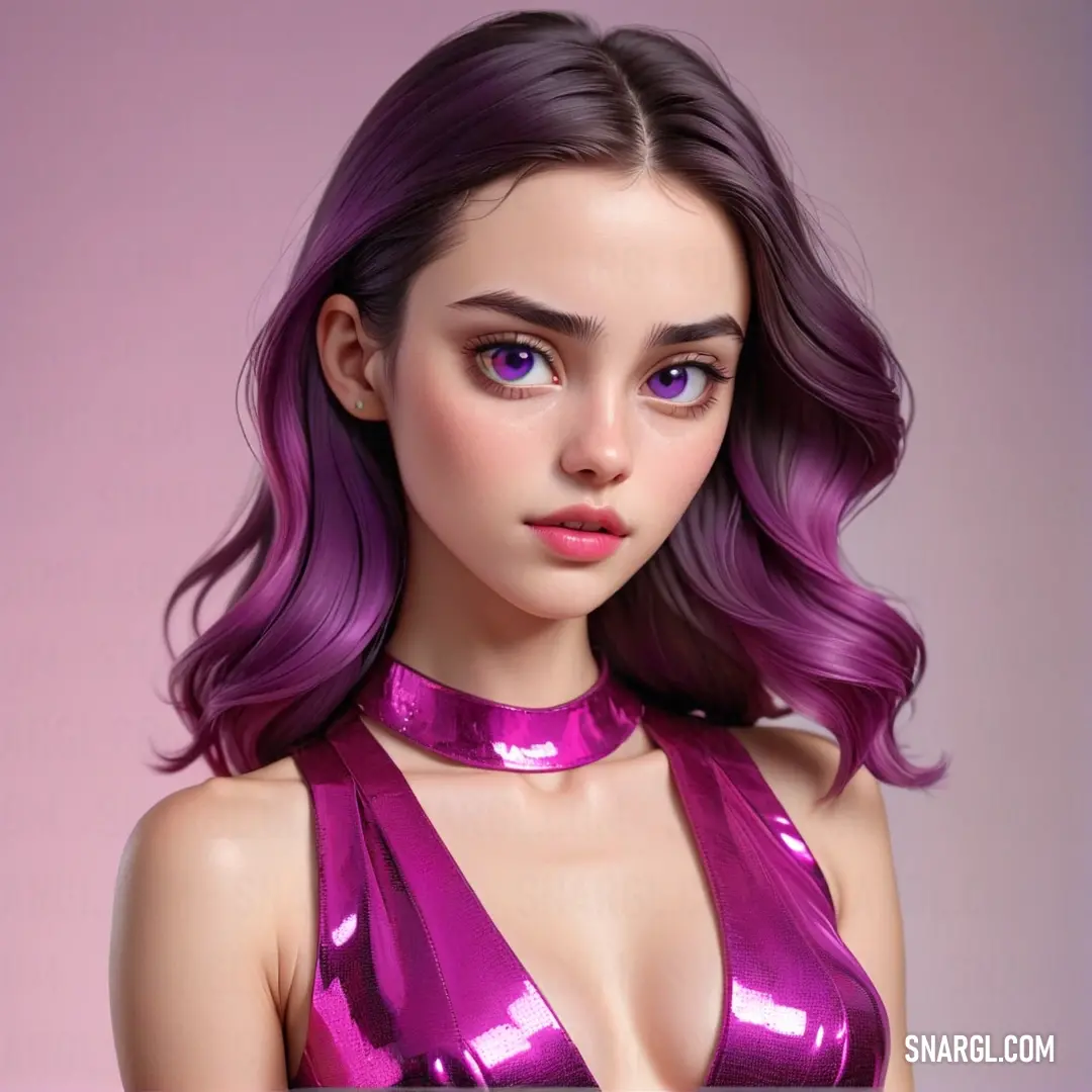 Woman with purple hair wearing a purple dress and a choker necklace with a pink background. Example of RGB 189,51,164 color.