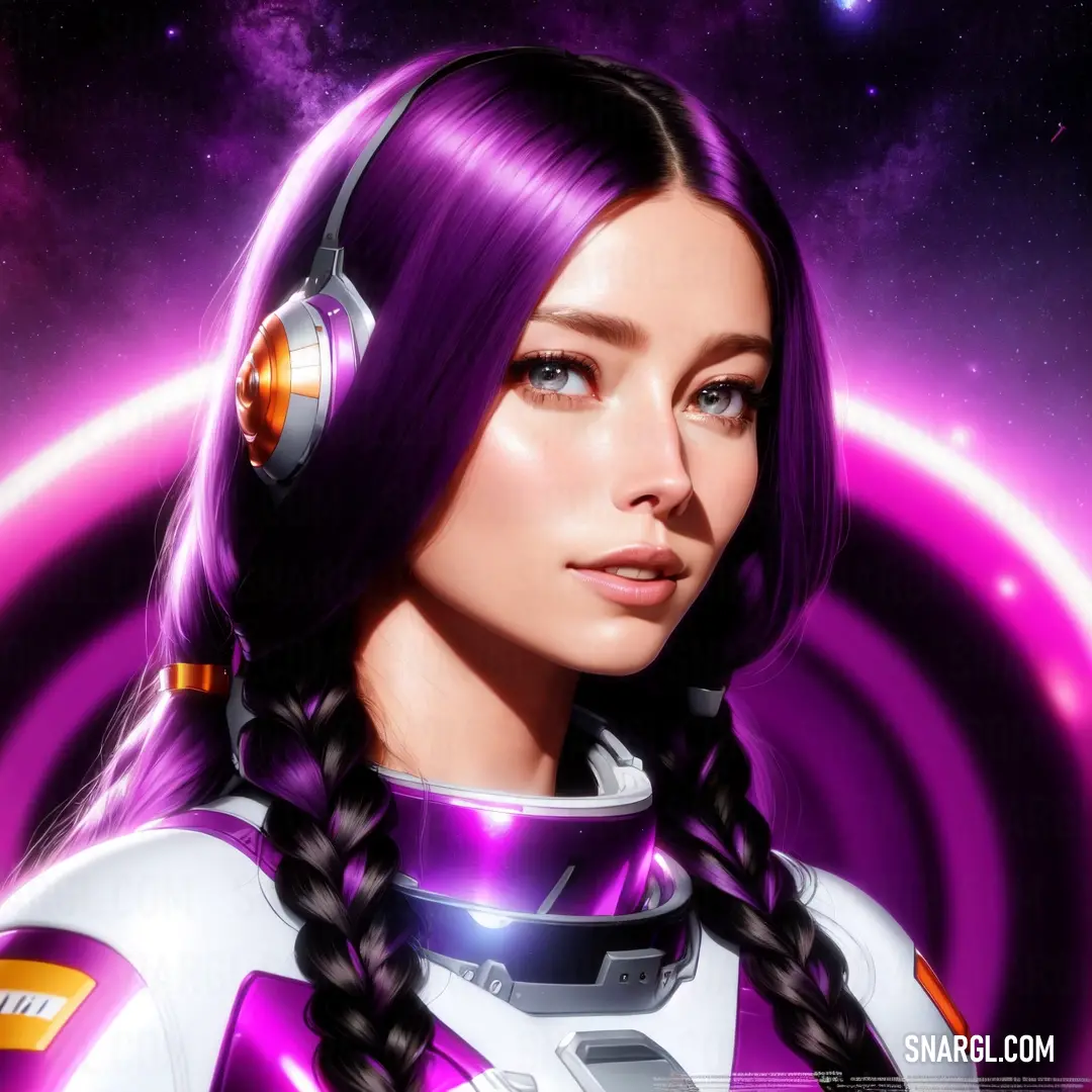 Woman with purple hair wearing headphones and a space suit. Example of #BD33A4 color.