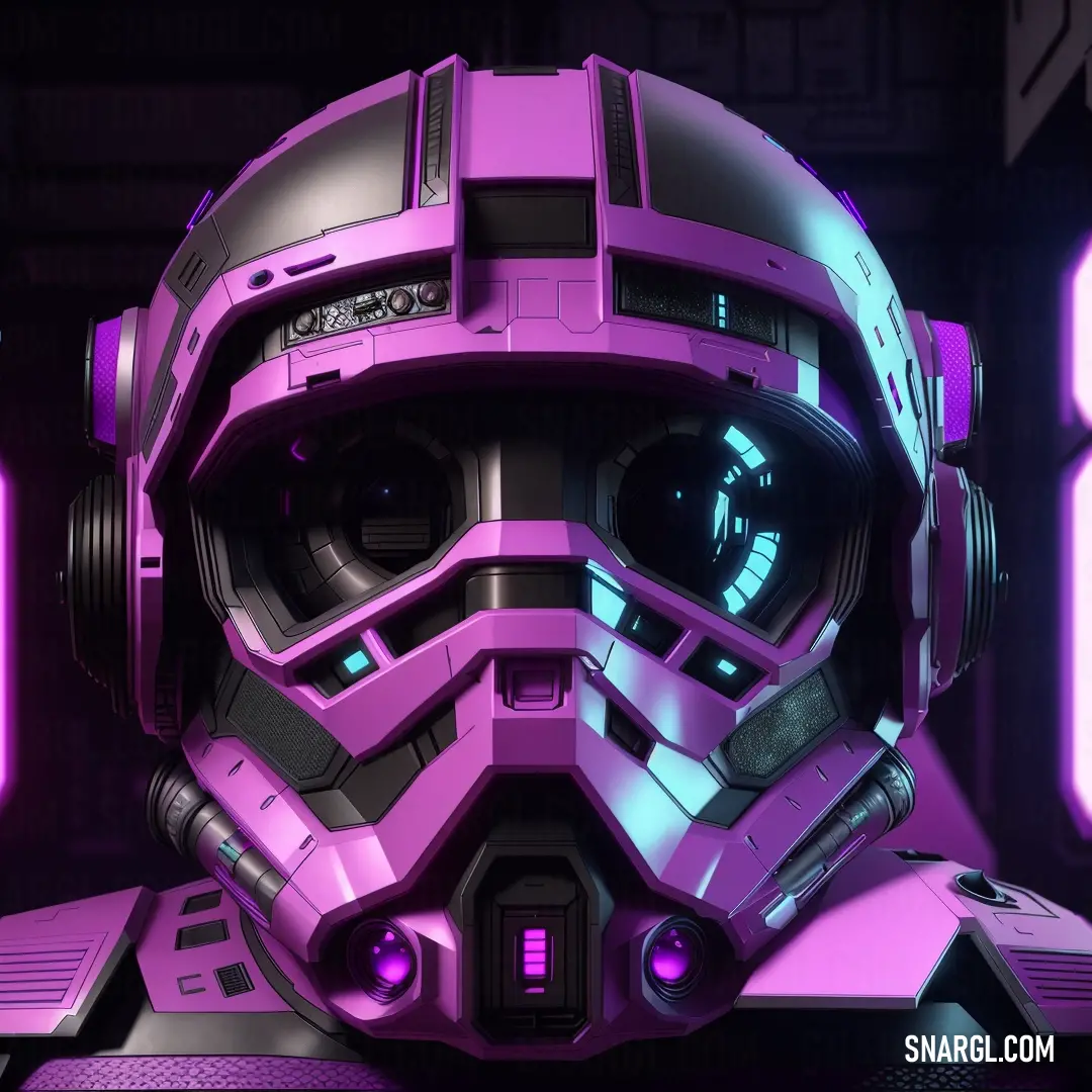 Futuristic helmet with a purple background and numbers on it