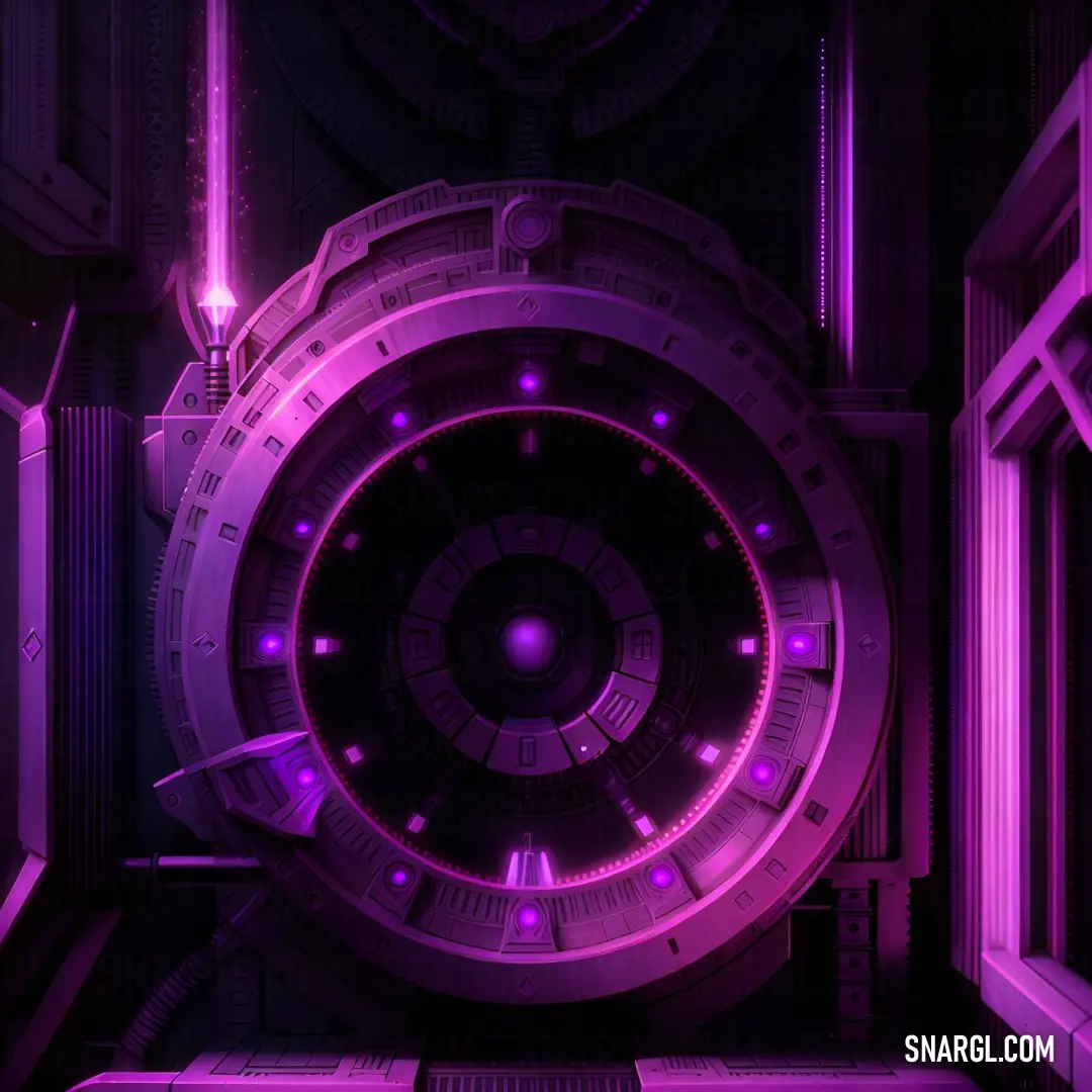 Futuristic looking clock with purple lights in a room with a window and a door in the center of the clock