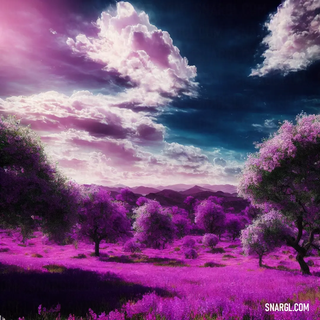 Painting of a purple landscape with trees and clouds in the background
