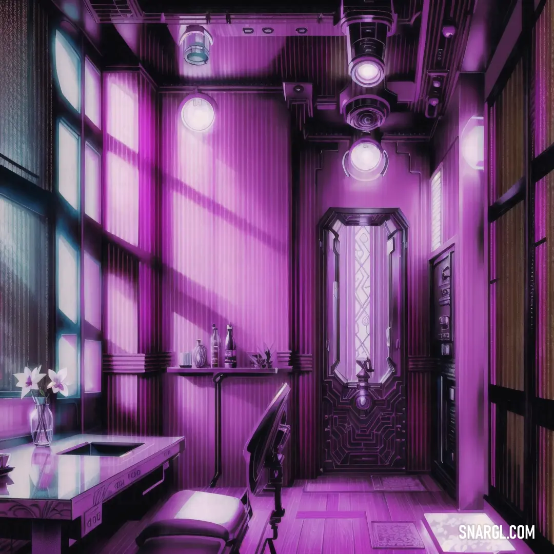 Room with a desk and a chair in it with a purple light on the wall and a mirror