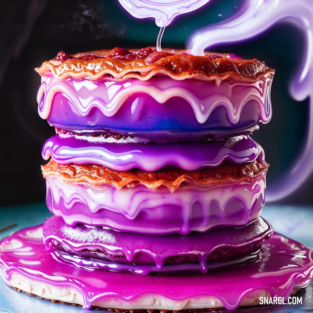 Stack of purple and white donuts with a purple icing drizzle on top of them