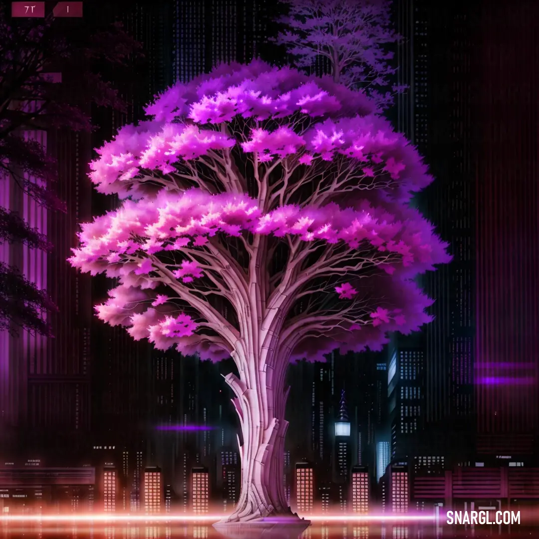 Tree with purple leaves in a city at night with lights and buildings in the background