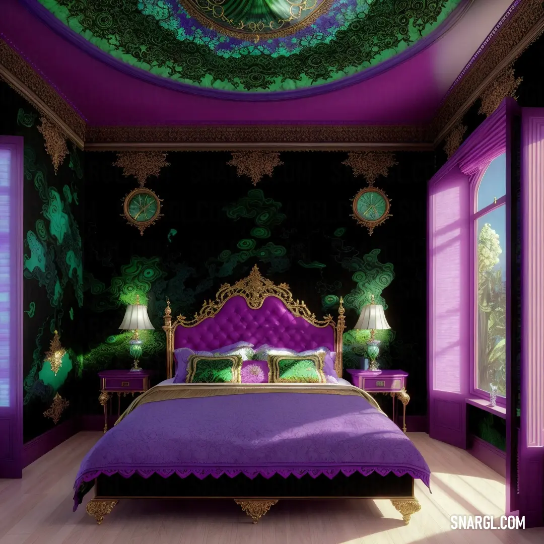 Bedroom with a purple bed and green walls and a purple ceiling and two lamps on either side of the bed