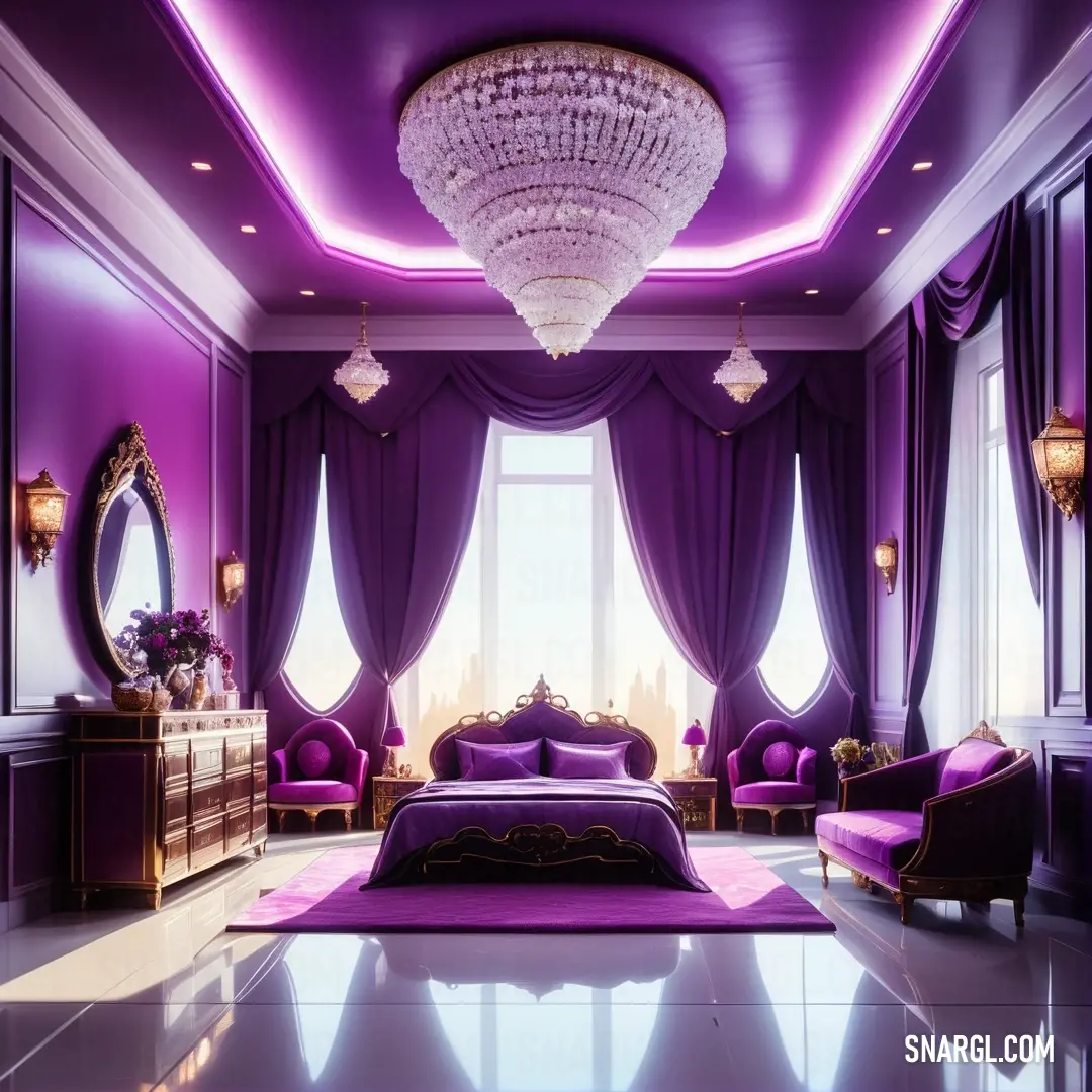 Bedroom with purple walls and a chandelier and a bed with purple sheets and pillows. Color RGB 112,41,99.