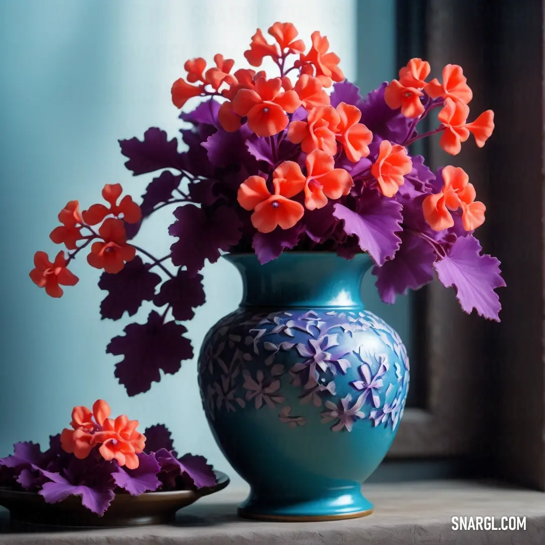 Blue vase with purple and orange flowers in it and a plate. Color Byzantium.