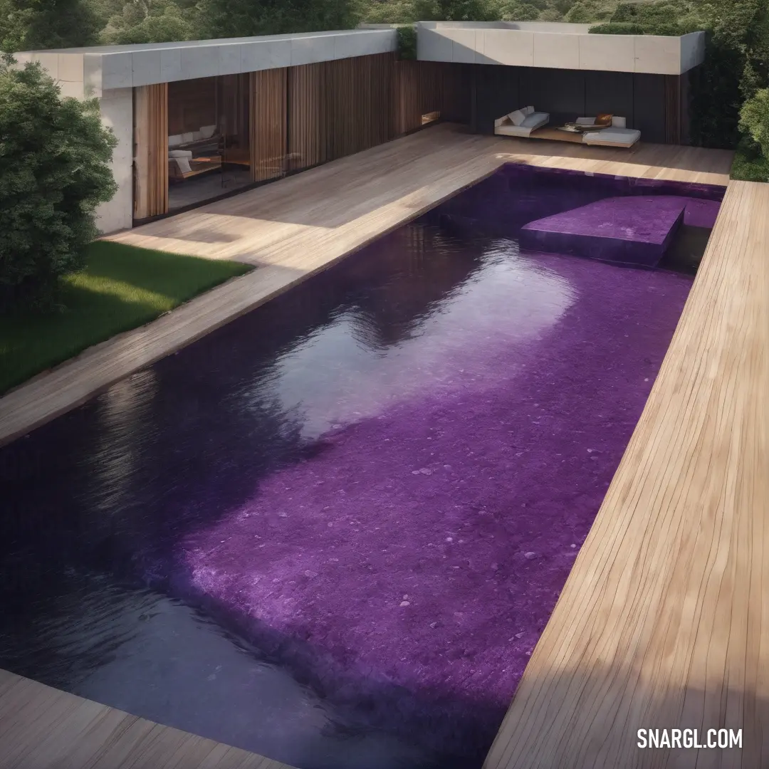 Purple pool in a backyard with a wooden deck and a wooden bench on the side of the pool. Color RGB 112,41,99.