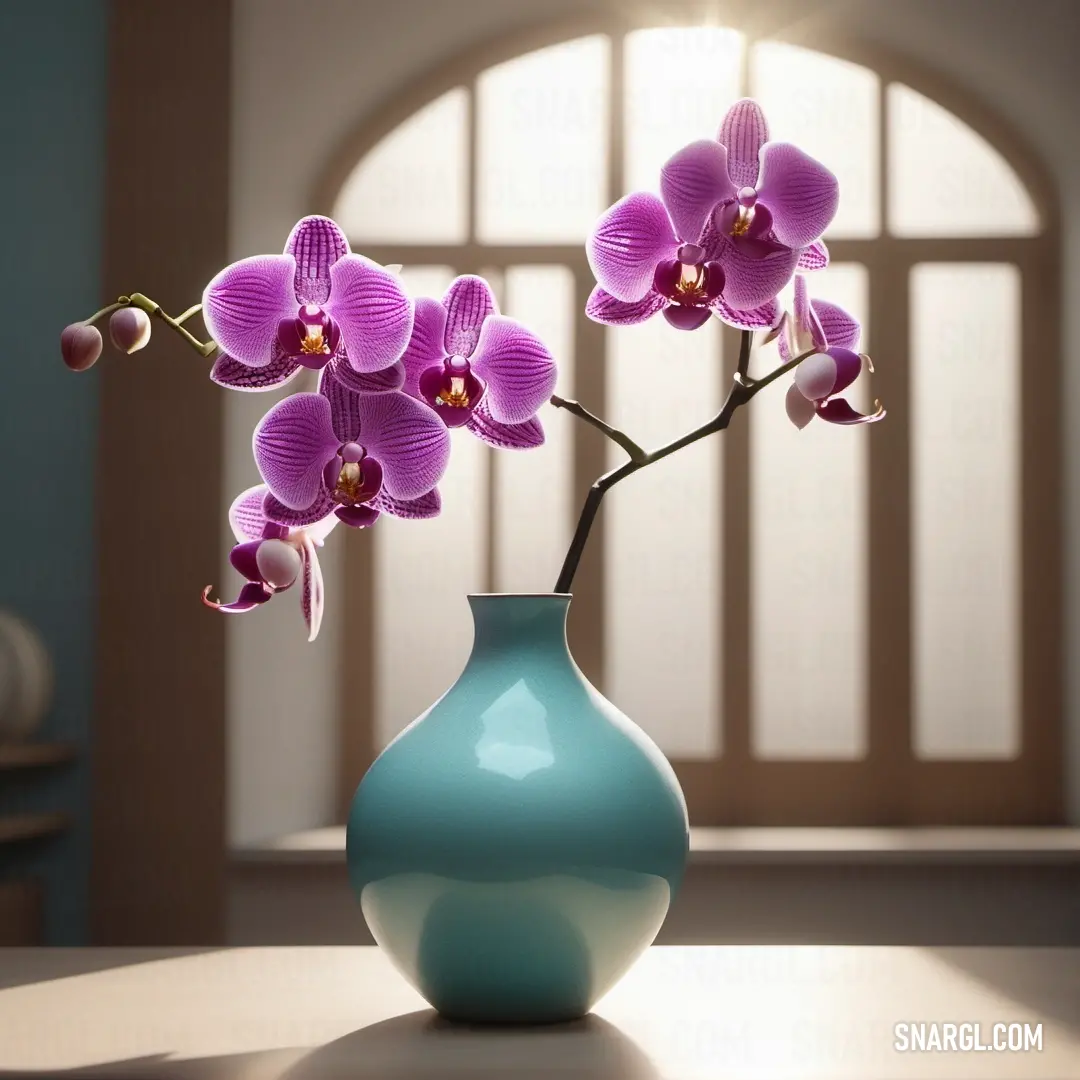 Woman in a bra top and large earrings is posing for a picture in front of a window with flowers. Color RGB 112,41,99.