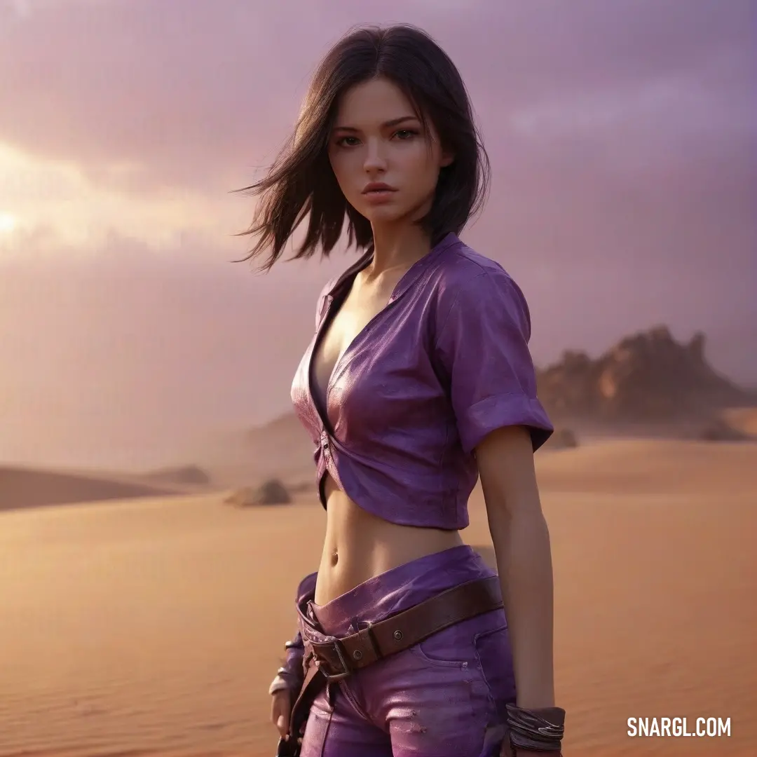 Woman in a purple outfit standing in the desert with a gun in her hand. Example of CMYK 0,63,12,56 color.