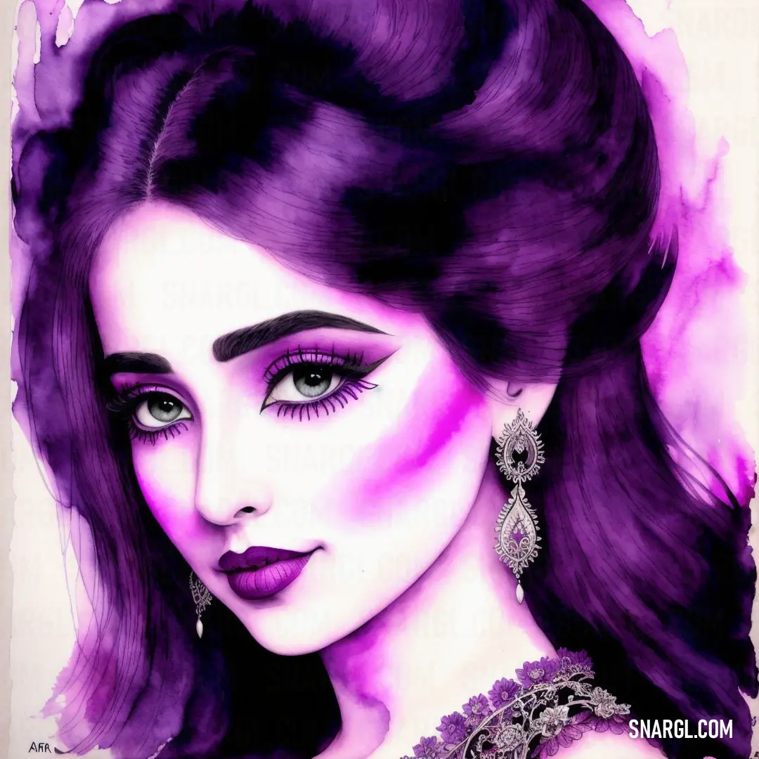 Drawing of a woman with purple hair and makeup on her face and eyes