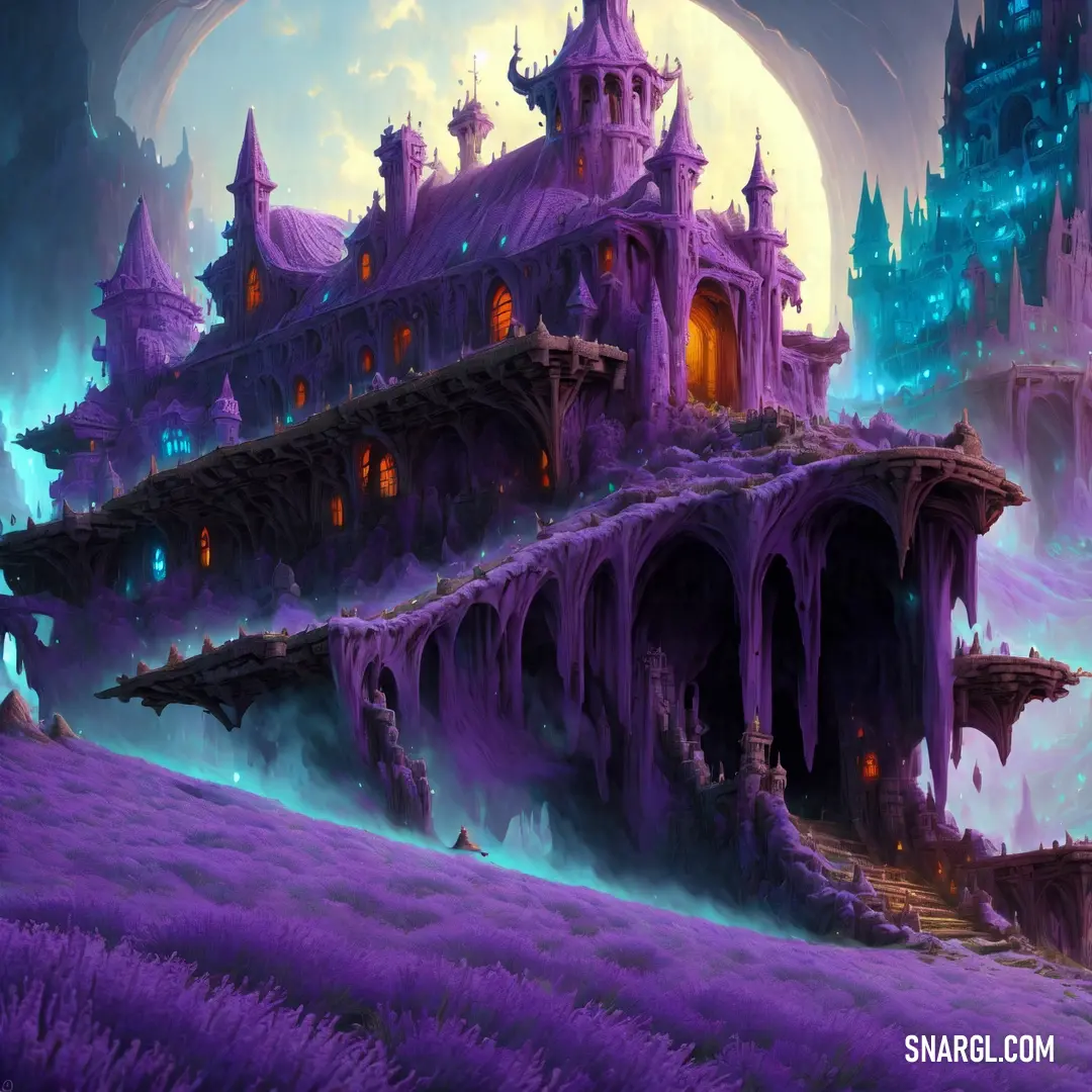 Purple castle with a lot of windows and lights on it's roof and a purple field of lavenders