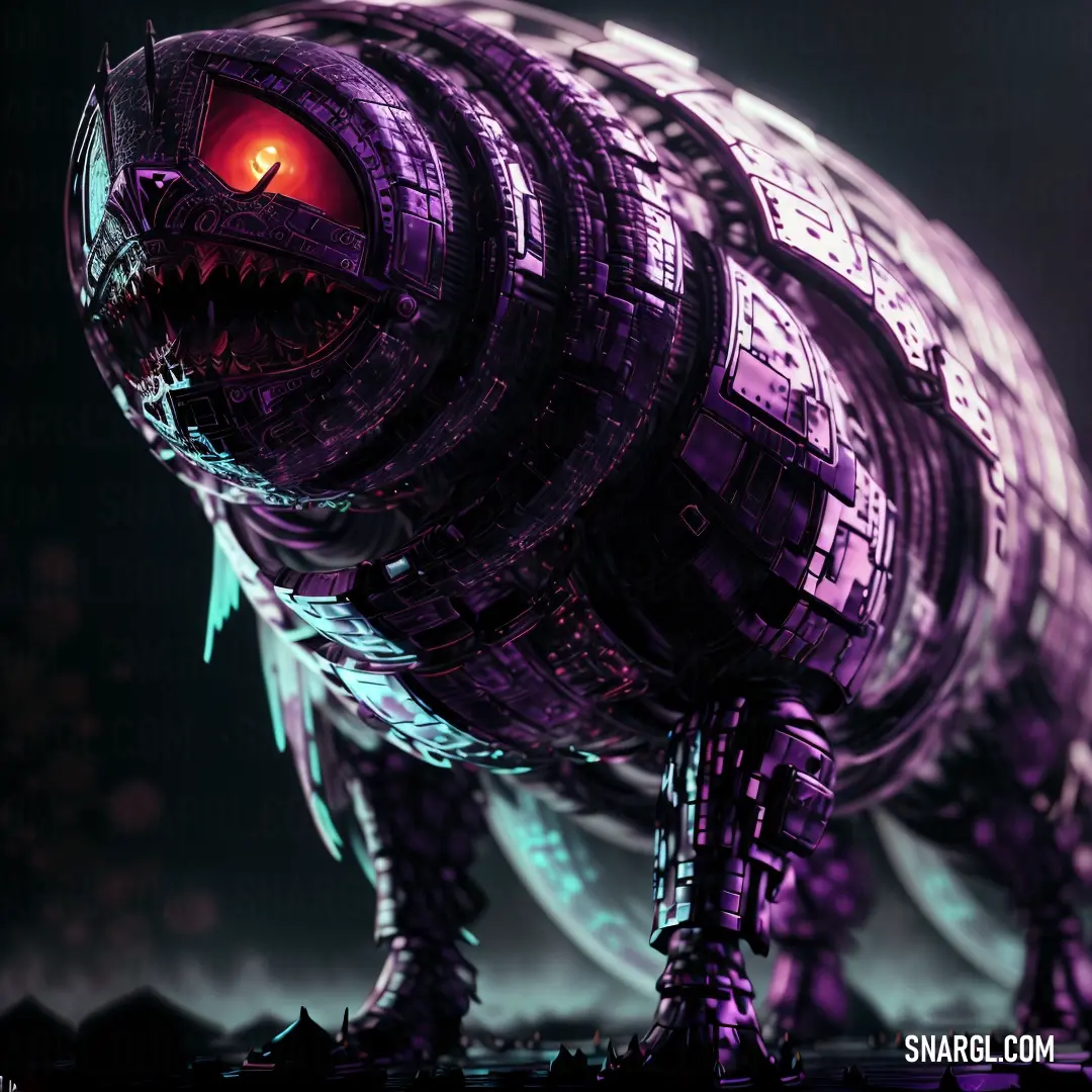 Purple creature with a red eye and a black background. Example of Byzantium color.