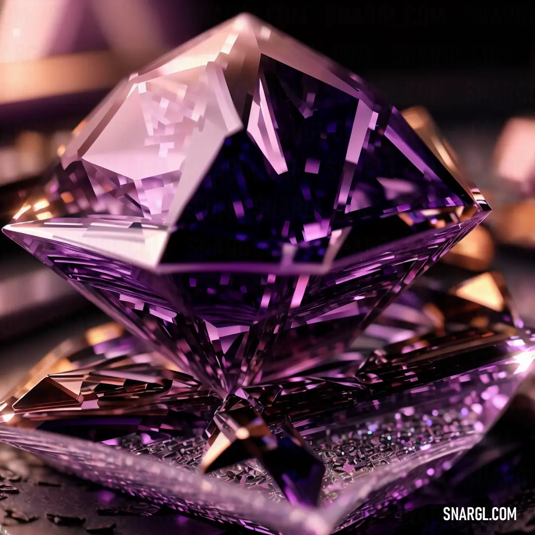 Purple diamond on top of a table next to other items on a table top with a black background