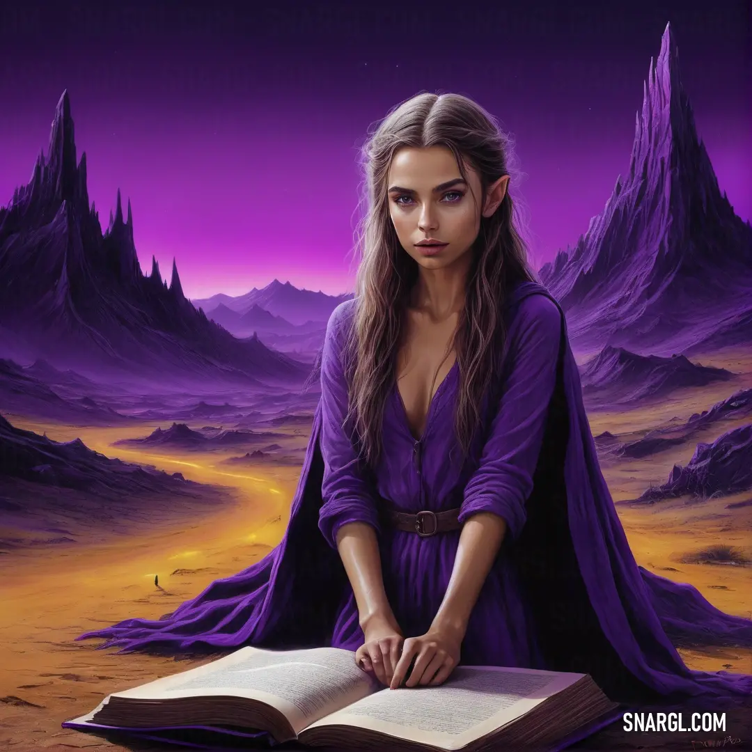 Woman on a rock with a book in her hands and a purple background with mountains