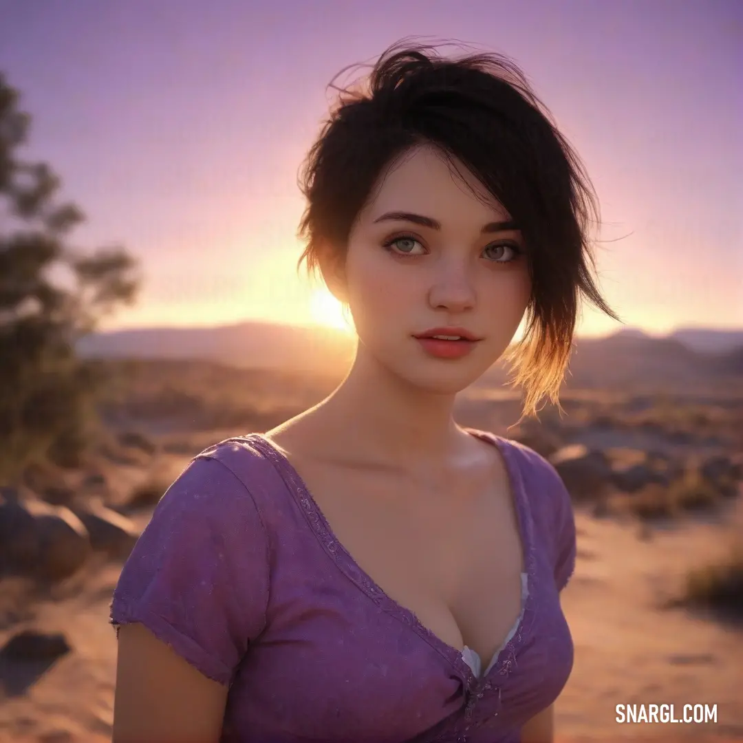Woman with a purple shirt and a purple dress in the desert at sunset with a pink sky and a mountain in the background