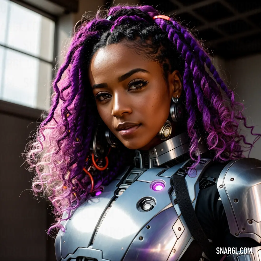 Woman with purple hair and a suit on posing for a picture in a building with a window behind her