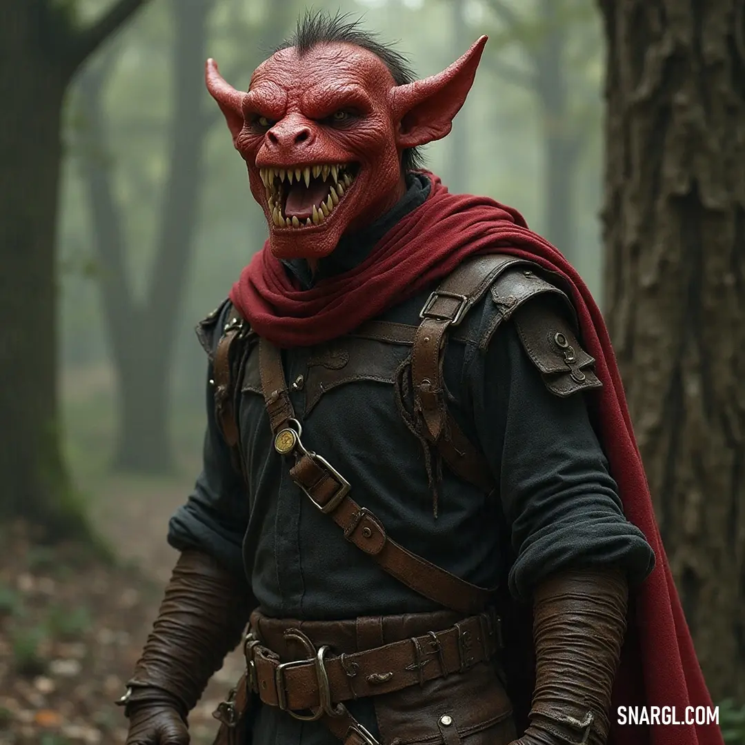 The vibrant Cackling Imp captures attention with its playful demon-like attire and striking cape, showcasing an aura of mischief and charm. A mischievous imp adorned in a vibrant costume featuring a demon face and a flowing red cape stands out against the backdrop of a whimsical landscape.
