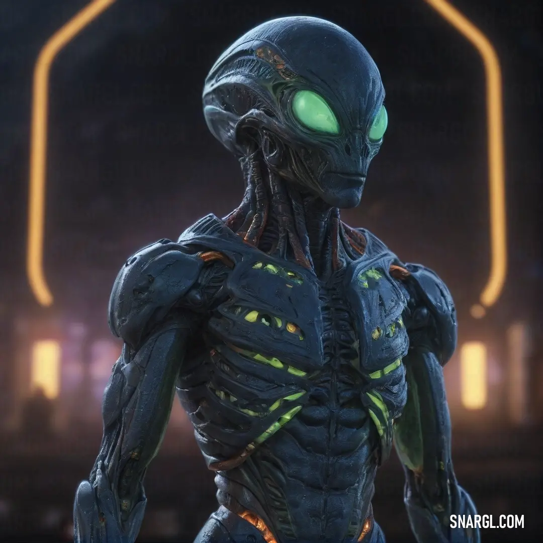 A dark figure of an alien stands with glowing eyes, its sleek black body adorned with yellow lights across its chest and head. The creature exudes an otherworldly presence, standing in stark contrast against the dim, shadowy environment.