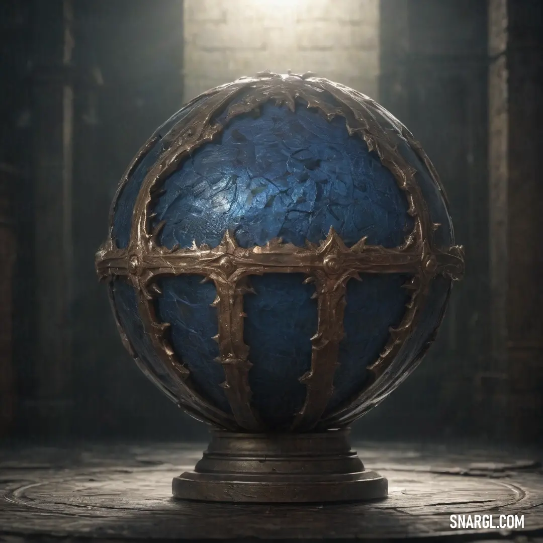 A golden and blue globe with a cross etched onto its surface rests on a dark table. Light from a nearby window casts dramatic shadows, creating an air of mystery and reverence in the room.