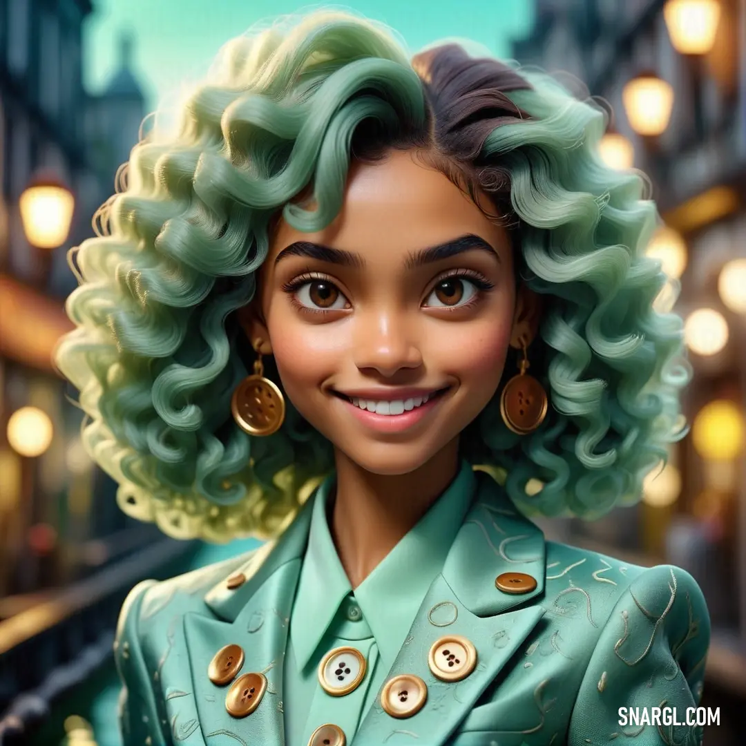 Cartoon character with green hair and gold earrings on her face and a green jacket on her shoulders and a street light in the background