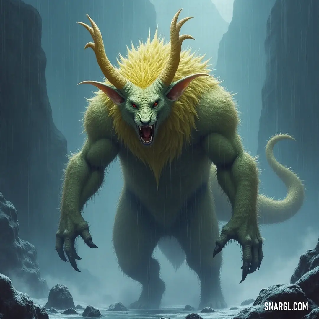 A fearsome creature, draped in masses of coarse hair and adorned with impressive horns, is positioned within a rocky cave, surrounded by flowing water and rugged waves, giving it a sense of raw strength and wild elegance.