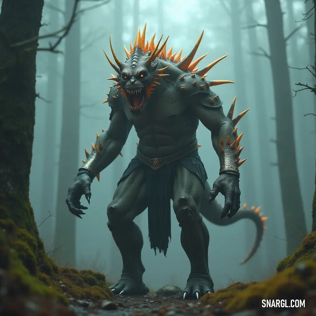 A powerful creature adorned with spiked horns stands majestically in a moss-covered woodland, surrounded by towering trees and earthy greenery, a vibrant embodiment of nature's raw power and grace.