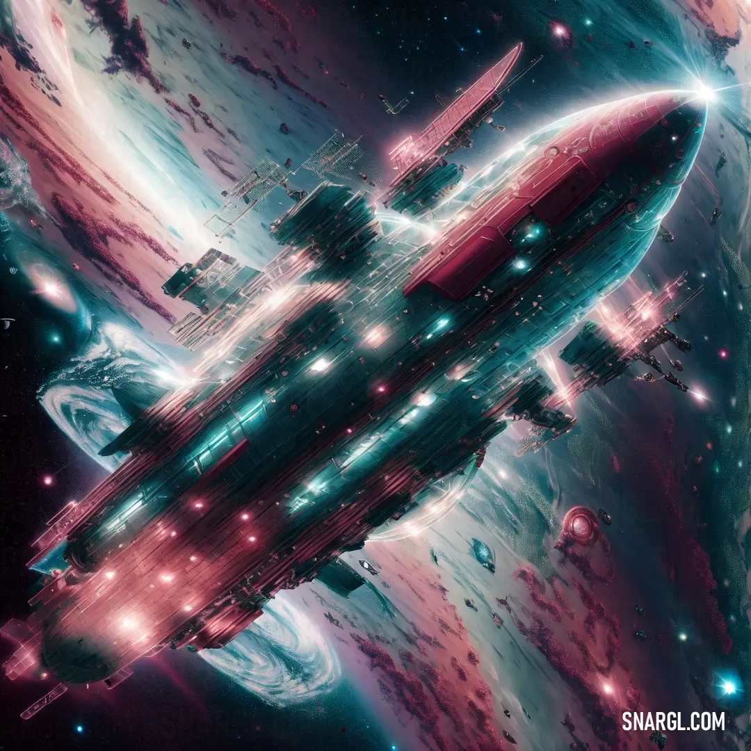 A futuristic space station soaring through the starry sky above a distant planet, with planets scattered across the cosmos. The scene combines high-tech design with the vastness of space.