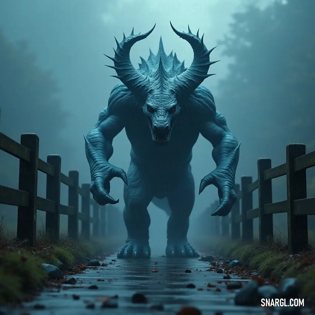 A colossal monster with formidable horns strides through a shadowy forest path under the cover of night, veiled by thick fog that adds mystery and suspense to its presence in the eerie surroundings.