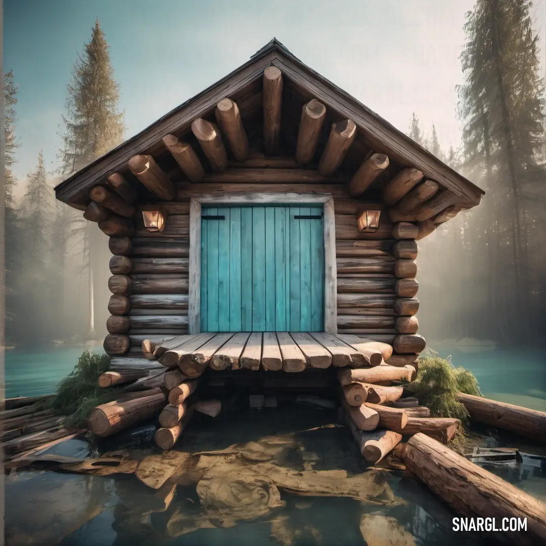 This inviting log cabin features a striking blue door that adds a splash of color to its rustic charm. The adjacent dock reaches out to the serene waters, creating an ideal spot for leisurely afternoons and the beauty of the surrounding landscape.