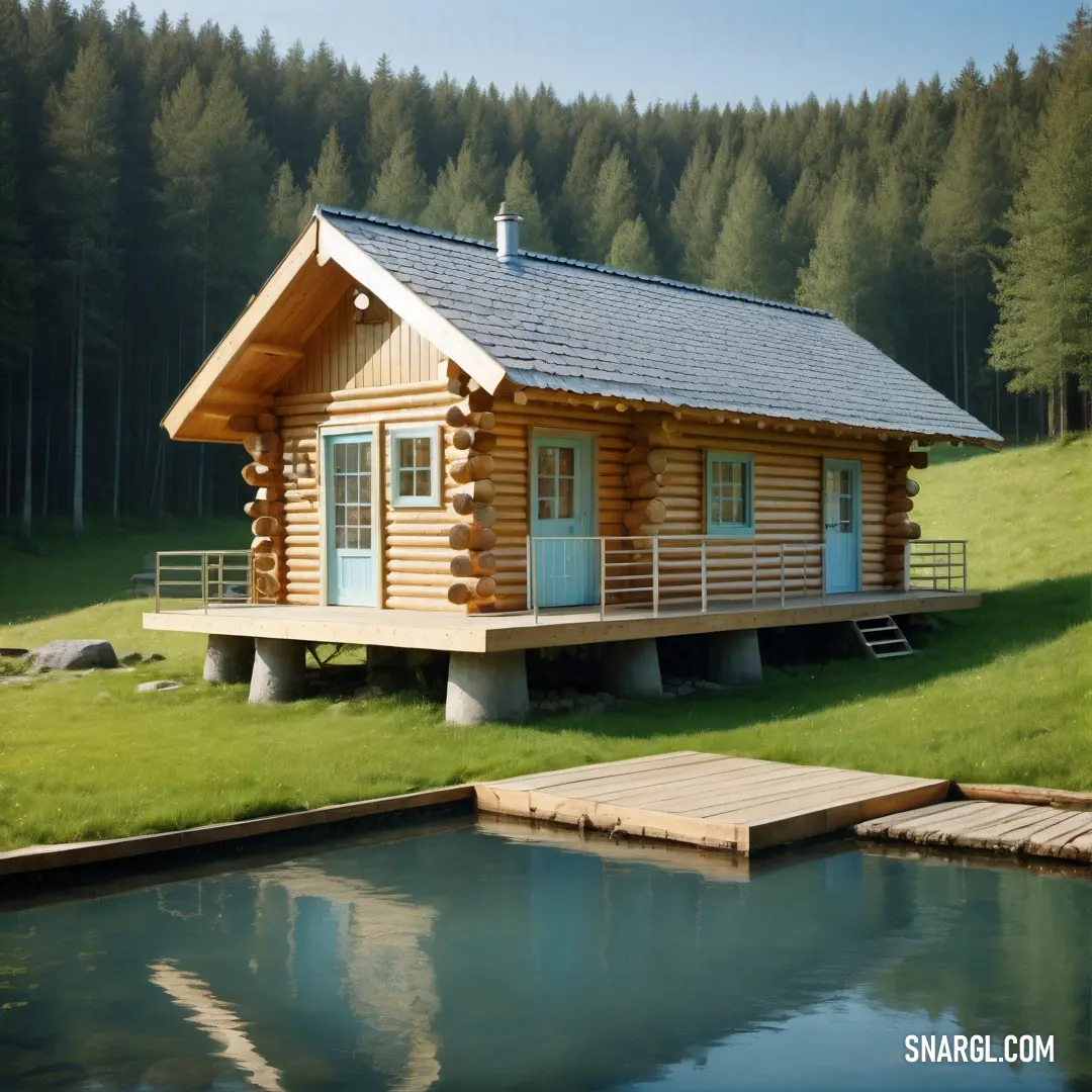 A serene log cabin nestled by a tranquil pond, featuring a charming dock that extends across the water's edge, set against a backdrop of lush greenery. The calm atmosphere is enhanced by the soft hue of Cadet blue, evoking a sense of peace and nature's si