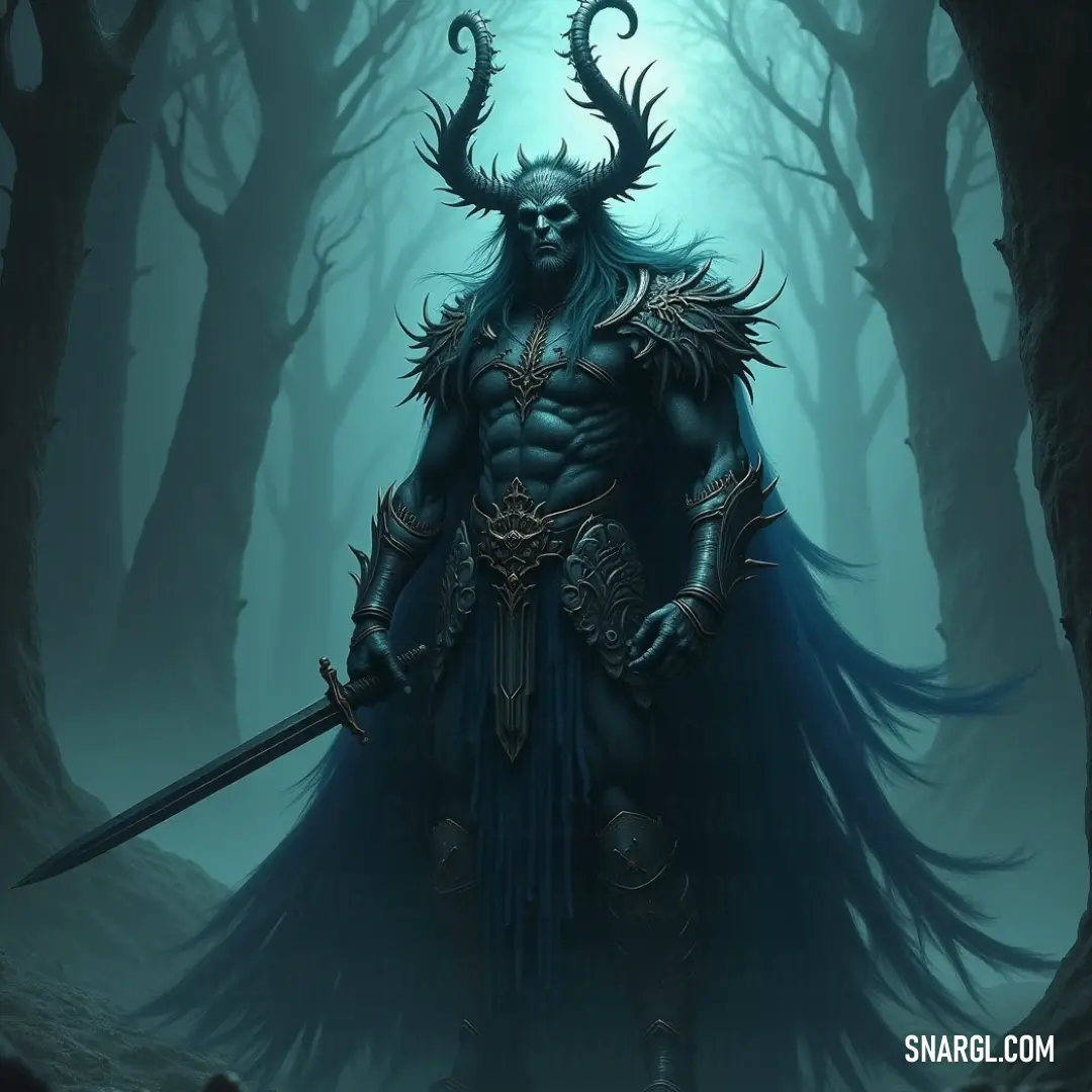 A formidable male demon clad in armor stands defiantly within a fog-laden forest, wielding a sword that gleams ominously. The dense trees loom around him, shrouded in mist, adding an air of suspense to the dark woods.