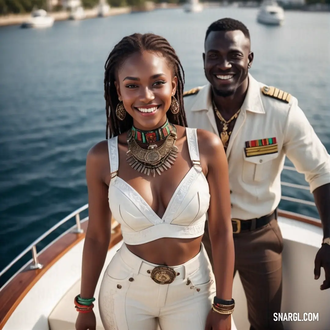 A man and a woman smile for the camera while sitting on a boat gliding across calm water. The serene scene is set against a backdrop of clear skies, with the overall atmosphere reflecting a sense of relaxation and joy.