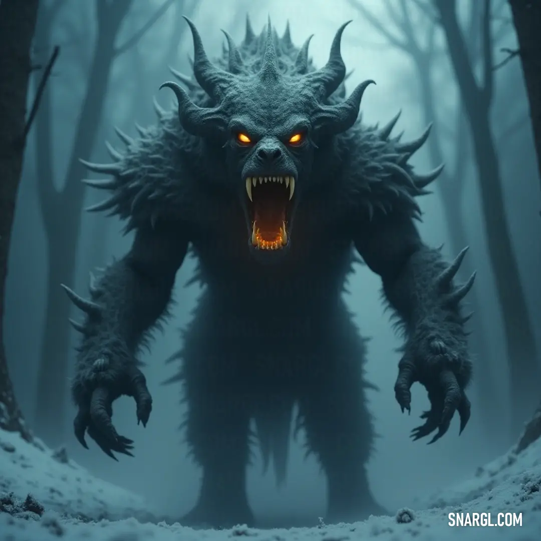 A haunting monster with piercing, glowing eyes and sharp fangs prowls through a dark forest at night, enveloped by swirling mist and shadowy trees, evoking fear and curiosity in equal measure as it lurks in the darkness.