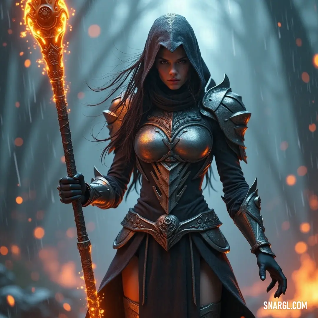 A powerful woman in a stunning costume with horns holds a staff as she stands in a mystical forest, rain cascading around her like a veil of enchantment, while flames flicker in the background, creating a scene of elegance and adventure.